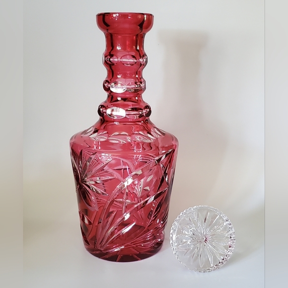 12" Crystal Cranberry Cut To Clear Bohemian Decanter EUC - Picture 2 of 16